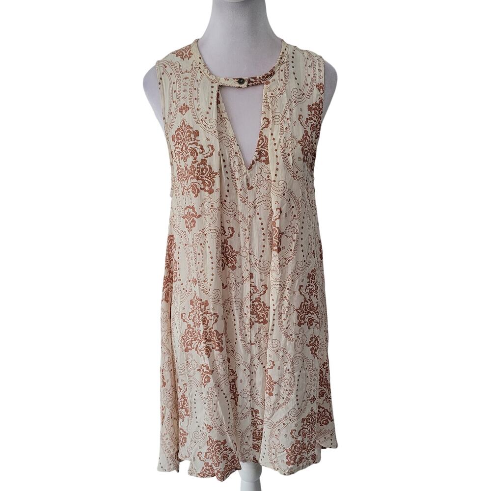 Audrey 3 + 1 Size S Cream‎ Brown Fleur de Lis Print Shift Dress Boho Retro